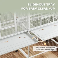 PawHut 64" Large Rolling Bird Cage Bird House with Detachable Rolling Stand, Storage Shelf, Wood Perch Food Container, White(m-4)