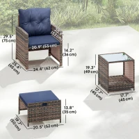 Outsunny 5 Piece Patio Furniture Set, Wicker Patio Chairs with Ottomans, 2-Tier Glass Coffee Table and Cushions, Brown/Dark Blue(m-3)