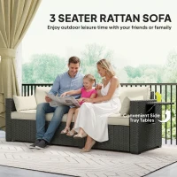 Outsunny 3 Seater Wicker Patio Sofa with Side Trays, Outdoor Couch with 6" Thick Back Cushions, Deep Seating, Cream White(m-4)
