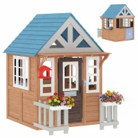 Qaba Wooden Kids Playhouse with Pet Door, Play Kitchen, Mailbox, Doorbell, Birdhouse, Fence and Windows for Pretend Play(m-11)