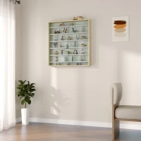 HOMCOM 7-Tier Display Cabinet, Shot Glass Display Case, Glass Curio Cabinet with 2 Glass Doors, Oak and White(m-9)