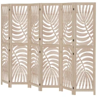 HOMCOM 6 Panel Room Divider, Detachable Folding Privacy Screens with Palm Leaf Design for Home Office, Natural Wood(m-2)