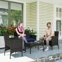 Outsunny 4 Pieces Wicker Outdoor Balcony Furniture Set Rattan Patio Furniture Set with Loveseat Chairs Glass Coffee Table Navy Blue(m-8)