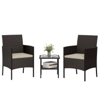 Outsunny Wicker Bistro Set, 3 Piece Patio Furniture Set with 2-Tier Glass Top Table, Cushions for Balcony, Porch, Khaki(m-11)