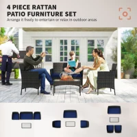 Outsunny 4 Pieces Wicker Outdoor Balcony Furniture Set Rattan Patio Furniture Set with Loveseat Chairs Glass Coffee Table Navy Blue(m-4)