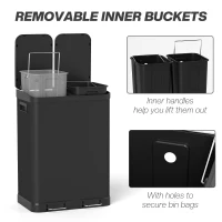 HOMCOM Kitchen Garbage Bin, 2 x 7.9 Gal (2 x 30 L) Trash Can, Soft-Close Garbage Can with Removable Inner Buckets, Black(m-5)