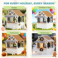 Qaba Outdoor Playhouse, Wooden Kids Playhouse with Dog Door, Cookware, Blackboard, Bench, Doorbell for Ages 2+(m-9)