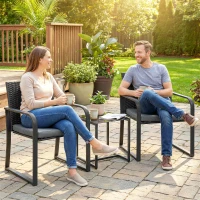 Outsunny Outdoor Bistro Set, 3 Piece Wicker Patio Furniture with Mesh Seat, Glass Table, Cushions for Porch, Balcony, Grey(m-10)