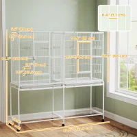 PawHut 64" Large Rolling Bird Cage Bird House with Detachable Rolling Stand, Storage Shelf, Wood Perch Food Container, White(m-3)