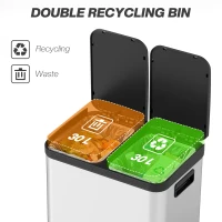 HOMCOM Kitchen Garbage Bin, 2 x 7.9 Gal (2 x 30 L) Trash Can, Soft-Close Garbage Can with Removable Inner Buckets, Silver(m-4)