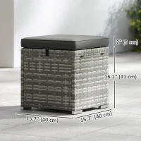 Outsunny 2 Pieces Wicker Outdoor Ottoman with Storage, Cushion, Square Outdoor Footstool, Seating, Side Table, Dark Grey(m-3)