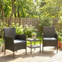 Outsunny Wicker Bistro Set, 3 Piece Patio Furniture Set with 2-Tier Glass Top Table, Cushions for Balcony, Porch, Dark Grey(m-1)