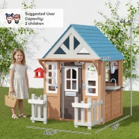 Qaba Wooden Kids Playhouse with Pet Door, Play Kitchen, Mailbox, Doorbell, Birdhouse, Fence and Windows for Pretend Play(m-3)