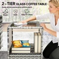 Outsunny 5 Piece Patio Furniture Set, Wicker Patio Chairs with Ottomans, 2-Tier Glass Coffee Table and Cushions, Grey/Cream White(m-9)