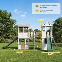 Qaba Two-Story Outdoor Playhouse, Wooden Kids Playhouse with Slide, Table & Bench, Play Kitchen, Ladder, Blackboard, White(m-3)
