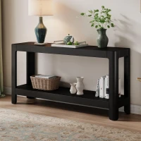 Elegant Farmhouse Console Table with Knot-Free Pine Legs, Accent Sofa Table with Solid Wood Veneer Top, 59" L x 15.5" W x 30" H, Black(m-1)