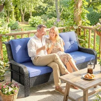 Outsunny Wicker Patio Sofa with Cushions, 3 Seater Rattan Outdoor Couch for Patio, Garden, Porch, Backyard, Deep Blue(m-1)