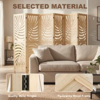 HOMCOM 6 Panel Room Divider, Detachable Folding Privacy Screens with Palm Leaf Design for Home Office, Natural Wood(m-7)