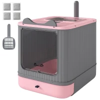 PawHut Cat Litter Box with Lid, Enclosed Litter Box for Medium Cats, Front-Entry and Top-Exit, Scoop, Deodorizer Bag, Pink(m-1)