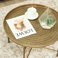 HOMCOM Vintage Coffee Table for Living Room, 24" Round Center Table with Hammered Tray Top and Metal Frame, Gold(m-10)