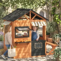 Qaba Wooden Kids Playhouse with Play Kitchen, Picnic Bench, Serving Station, Windows and Door for Backyard, Ages 3–8, Brown(m-10)