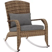 Outsunny Adirondack Chair, Outdoor Wicker Rocking Chair with High Back, Seat Cushion and Pillow for Porch, Balcony, Grey/Yellow(m-11)