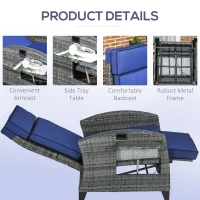 Outsunny Outdoor Recliner Chair with Adjustable Backrest, Cushion, Side Tray, Dark Blue(m-6)