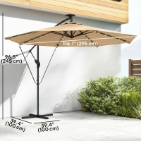 Outsunny 9.7ft Solar LED Cantilever Patio Umbrella with 32 LED Lights, Cross Base, Crank Handle, for Poolside, Deck, Khaki(m-3)