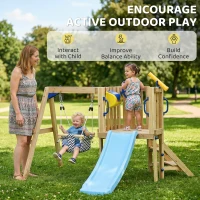 Outsunny Swing Set for Backyard, Wooden Toddler Outdoor Playset with Baby Swing Seat, Kids Slide, Fort, Playground Equipment with Captain's Wheel, Telescope for Ages 1.5-4, Natural(m-6)