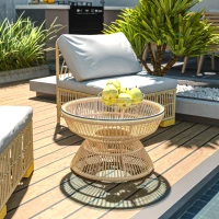 Outsunny Rattan Outdoor Coffee Table, Patio End Table with Tempered Glass Tabletop & Steel Frame, Wicker Furniture, Nature Wood(m-1)