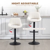 HOMCOM Bar Stools Set of 2, Swivel Counter Height Barstools with Adjustable Height and Cutout Back, Velvet Upholstered Bar Chairs with Round Metal Base and Footrest, Cream(m-5)