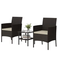 Outsunny Wicker Bistro Set, 3 Piece Patio Furniture Set with 2-Tier Glass Top Table, Cushions for Balcony, Porch, Khaki(m-2)