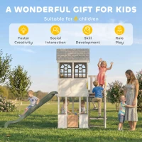 Qaba Two-Story Outdoor Playhouse, Wooden Kids Playhouse with Slide, Table & Bench, Play Kitchen, Ladder, Blackboard, White(m-7)