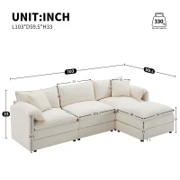 Modular Sectional Sofa with Deep Wide Seats and Cushions, L-Shaped Cloud Couch with Movable Ottoman, 103" L x 59.5" W x 33" H, White(m-3)