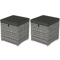 Outsunny 2 Pieces Wicker Outdoor Ottoman with Storage, Cushion, Square Outdoor Footstool, Seating, Side Table, Dark Grey(m-11)