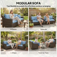 Outsunny PE Wicker Outdoor Couch Sofa, 4-Seater Modular Patio Furniture Lounge Set with 2 Loveseats, Cushions, Pillows, Blue(m-4)