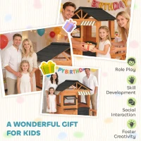 Qaba Wooden Kids Playhouse with Play Kitchen, Picnic Bench, Serving Station, Windows and Door for Backyard, Ages 3–8, Brown(m-8)