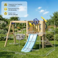 Outsunny Wooden Kids Swing Set with Slide, Swing Seat, Captain's Wheel, Telescope, for Ages 18-48 Months, Natural(m-3)