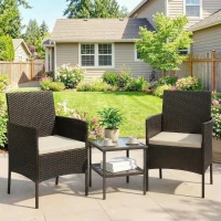 Outsunny Wicker Bistro Set, 3 Piece Patio Furniture Set with 2-Tier Glass Top Table, Cushions for Balcony, Porch, Khaki(m-8)