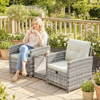 Outsunny 5 Piece Patio Furniture Set, Wicker Patio Chairs with Ottomans, 2-Tier Glass Coffee Table and Cushions, Grey/Cream White(m-10)