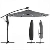 Outsunny 9.7ft Solar LED Cantilever Patio Umbrella with 32 LED Lights, Cross Base, Crank Handle, for Poolside, Deck, Dark Grey(m-11)