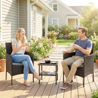 Outsunny Wicker Bistro Set, 3 Piece Patio Furniture Set with 2-Tier Glass Top Table, Cushions for Balcony, Porch, Dark Grey(m-10)