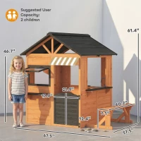 Qaba Wooden Kids Playhouse with Play Kitchen, Picnic Bench, Serving Station, Windows and Door for Backyard, Ages 3–8, Brown(m-3)