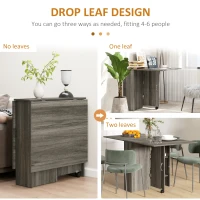 HOMCOM Extendable Dining Table, Collapsible Folding Table w/ 2-tier Shelves and Rolling Casters, Grey Wood Grain(m-4)