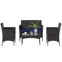 Outsunny 4 Pieces Wicker Outdoor Balcony Furniture Set Rattan Patio Furniture Set with Loveseat Chairs Glass Coffee Table Navy Blue(m-2)