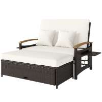 Outsunny Rattan Outdoor Daybed w/4-Level Adjustable Backrest, Patio Sofa Bed w/Storage Ottoman, Acacia Wood Armrest, Beige