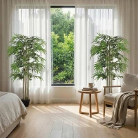 Outsunny 5FT Artificial Bamboo Tree Set of 2, Fake Plant with 1095 Leaves, Greenery Plant in Nursery Pot for Indoor, Green(m-6)