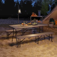 Outsunny 6FT 3PCS Faux Rattan Outdoor Camping Table Bench Set with Carrying Handles, Folding Picnic Table with 2 Benches, Brown(m-8)