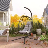 Outsunny Hanging Egg Chair with Stand, Foldable Wicker Rattan Swing Chair with Thick Cushion, Headrest, Light Grey(m-9)