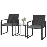 Outsunny Outdoor Bistro Set, 3 Piece Wicker Patio Furniture with Mesh Seat, Glass Table, Cushions for Porch, Balcony, Grey(m-2)